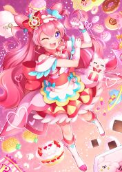 1girl ;d absurdres apron arakawa_tarou back_bow boots bow bowl bread cake choker clenched_hand commentary_request crossed_bangs cup cure_precious delicious_party_precure donut double_bun dress earrings food full_body gloves hair_between_eyes hair_bow hair_bun hairband hand_on_own_arm highres jewelry knee_boots kome-kome layered_dress long_hair looking_at_viewer magical_girl melon_bread nagomi_yui one_eye_closed onigiri open_mouth pink_background pink_choker pink_hair pink_hairband popcorn precure purple_eyes red_bow rice rice_bowl smile solo teeth two_side_up upper_teeth_only very_long_hair white_apron white_boots white_dress white_gloves
