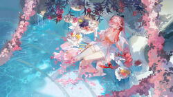 1girl absurdres black_bow body_markings bow breasts changli_(laurel_nymph)_(wuthering_waves) changli_(wuthering_waves) chinese_commentary cleavage closed_eyes closed_mouth colored_extremities commentary_request dress feather_hair feet food from_above hair_bow hand_up head_wreath highres large_breasts long_hair multicolored_hair official_alternate_costume pink_hair rafaelaaa red_hands sitting smile solo thighs toes two-tone_hair very_long_hair white_dress white_hair wuthering_waves