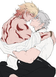 2boys adam&#039;s_apple arm_around_waist back back_muscles black_pants blonde_hair body_markings bracelet braid commentary facial_mark forehead-to-forehead gradient_hair head_back heads_together honkai:_star_rail honkai_(series) jewelry k-996 looking_at_another male_focus multicolored_hair multiple_boys muscular muscular_male mydei_(honkai:_star_rail) pants parted_lips phainon_(honkai:_star_rail) red_hair shirt shirt_partially_removed short_sleeves simple_background single_braid sitting sitting_on_lap sitting_on_person smile symbol-only_commentary white_background white_shirt yaoi