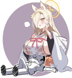 Rule 34 | 1boy, 1girl, animal ears, blonde hair, blue archive, breasts, bulge, character request, doodle sensei (blue archive), erection, erection under clothes, hair over one eye, hairband, halo, heiyuu!, highres, large breasts, long hair, mole, mole under mouth, nontraditional miko, sensei (blue archive), sideboob, simple background, tongue, tongue out, wet, wet clothes