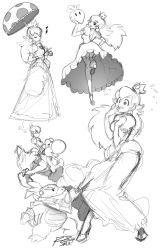 1girl alternate_hairstyle bad_id bad_tumblr_id bowser_jr. closed_eyes collage crown dress earrings flying_sweatdrops garter_straps greyscale highres jewelry long_hair long_skirt mario_(series) mask monochrome mouth_mask musical_note nintendo ponytail princess_peach puffy_short_sleeves puffy_sleeves riding robaato short_sleeves sketch skipping skirt smile thighhighs turnip umbrella yoshi