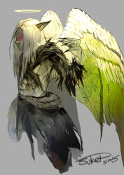 Rule 34 | 1boy, 2025, absurdres, artist name, black fur, black nails, dated, dragon quest, dragon quest ix, ergius, fallen angel, fingernails, green wings, grey background, halo, highres, long fingernails, male focus, red eyes, simple background, solo, sukepmonster, upper body, white hair, wings, yellow halo