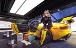 1girl absurdres animal_ear_fluff animal_ears arknights beret black_shoes blazer blurry book brown_hair car chromatic_aberration closed_mouth coffee_mug commentary_request cup film_grain fr-ee-dom garage glasses hat highres jacket light_smile loafers long_sleeves looking_at_viewer medium_hair motor_vehicle mug official_alternate_costume open_clothes open_jacket pantyhose paper partial_commentary plaid_clothes plaid_skirt pleated_skirt purple_hat purple_jacket purple_shirt purple_skirt shirt shoes skirt solo standing sticky_note thigh_strap utage_(arknights) utage_(disguise)_(arknights) wide_shot yellow_pantyhose