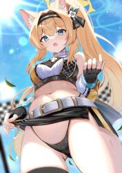 1girl absurdres animal_ear_fluff animal_ears bare_shoulders black_gloves black_hairband black_panties black_skirt black_thighhighs blue_archive blue_eyes blue_sky blush breasts cameltoe cat_ears clothes_lift cloud cloudy_sky crop_top day fingerless_gloves flower from_below gloves hair_between_eyes hair_flower hair_ornament hairband halo high_ponytail highres lifting_own_clothes long_hair mari_(blue_archive) micro_panties microskirt navel open_mouth orange_hair outdoors panties ponytail rinringyo side_ponytail side_slit single_thighhigh skirt skirt_lift sky solo standing sweat thighhighs underwear white_flower yellow_halo