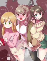 1futa 2girls ahegao bag blonde_hair blush body_heat breasts brown_hair bulge buttjob buttjob_over_clothes cellphone censored chikan crowded cum cum_in_clothes cum_on_clothes drooling dry_humping ejaculation erection erection_under_clothes futa_with_female futamrpw futanari green_eyes heart heart-shaped_pupils heart_censor highres humping implied_futanari jacket large_breasts leggings molestation multiple_girls penis_under_another&#039;s_clothes phone red_eyes shirt skirt smartphone sweater symbol-shaped_pupils tears train train_interior