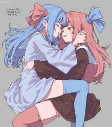 2girls blue_thighhighs dress highres hug kotonoha_akane kotonoha_aoi multiple_girls open_mouth red_thighhighs semicolonize siblings sisters thighhighs thighs voiceroid yuri