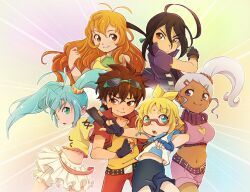 Rule 34 | 3boys, 3girls, ahoge, alice gehabich, bakugan, bakugan battle brawlers, black gloves, black hair, blonde hair, blue hair, bracelet, brown eyes, brown hair, card, crop top, dark skin, fingerless gloves, glasses, gloves, goggles, goggles on head, hair between eyes, hair ornament, hairpin, hera souflee, highres, holding, holding card, jacket, jewelry, julie heyward, kazami shun, kuusou danma, long hair, marukura marucho, midriff peek, misaki runo, mole, mole on forehead, multiple boys, multiple girls, navel, open clothes, open jacket, purple jacket, red-framed eyewear, red jacket, shirt, short sleeves, side ponytail, skirt, smile, teeth, twintails, upper teeth only, white hair, white skirt, yellow shirt