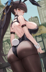 Rule 34 | 1girl, absurdres, animal ears, ass, back, bare shoulders, black leotard, blush, breasts, eve (stellar blade), fake animal ears, fake tail, highleg, highleg leotard, highres, huge breasts, kiyoi (gyhw8444), leotard, long hair, looking at viewer, looking back, pantyhose, playboy bunny, rabbit ears, rabbit tail, solo, stellar blade, tail, thighs, wrist cuffs