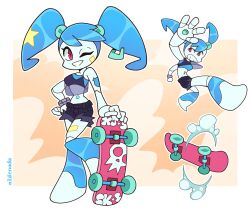1girl aqua_hair bandaid bandaid_on_face black_shorts blue_hair clenched_teeth crop_top cutoffs denim denim_shorts hand_on_own_hip holding holding_skateboard jenny_wakeman joints kickflip light_blue_hair looking_at_viewer midriff my_life_as_a_teenage_robot navel nildenada one_eye_closed orange_background red_eyes robot_girl robot_joints see-through_clothes see-through_shirt shorts skateboard skateboarding smile sticker sticker_on_arm sticker_on_hair teeth urban