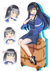 +_+ 1girl :d :i absurdres anger_vein black_choker black_hair black_hairband black_shirt black_shoes black_skirt blue_capelet blush bone_hair_ornament breasts capelet choker closed_mouth commentary_request drawing_kaityo dress drop_shadow embarrassed frilled_capelet frills full_body hair_ornament hairband hand_up happy highres index_finger_raised kushima_kamome legs_together long_hair looking_at_viewer medium_breasts medium_dress multiple_expressions no_socks nose_blush on_suitcase open_mouth pout puff_of_air ringed_eyes rolling_suitcase shirt shoes sidelocks simple_background sitting skirt skull_and_crossbones skull_hair_ornament smile solo sparkle straight_hair suitcase summer_pockets wavy_mouth white_background yellow_eyes