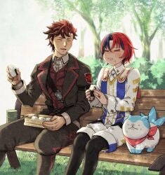 Rule 34 | 1other, 2boys, blue eyes, blue fur, blue hair, closed mouth, crossed bangs, diamant (fire emblem), eating, fire emblem, fire emblem engage, food, holding, holding food, kszm fe, male alear (fire emblem), multicolored hair, multiple boys, nintendo, on bench, onigiri, outdoors, red eyes, red hair, sitting, sommie (fire emblem), split-color hair, two-tone fur, two-tone hair, white fur