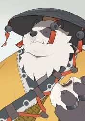 1boy animal_ears bara bell cake chewing chinese_clothes claws closed_eyes closed_mouth commentary facing_to_the_side fat fat_man food furry furry_male hao_mou_sang highres holding holding_food jewelry jingle_bell male_focus multiple_rings pan_yinhu panda_boy panda_ears ring shirt steamed_bun swiss_roll symbol-only_commentary wok yellow_shirt zenless_zone_zero