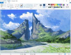 art_program_in_frame christian_young cloud cloudy_sky forest grass landscape microsoft_paint_(medium) microsoft_paint_(software) nature nintendo no_humans outdoors painterly reflection reflective_water river scenery screencap shore sky the_legend_of_zelda the_legend_of_zelda:_breath_of_the_wild tree valley