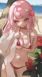 1girl bare_shoulders beach bikini breasts bright_pupils character_request check_character cleavage closed_mouth commentary commentary_request commission cowboy_shot english_commentary flower green_eyes hair_ornament hair_ribbon heart heart-shaped_pupils highres holding holding_towel light_blush long_hair looking_at_viewer medium_breasts metatarou micro_bikini mixed-language_commentary navel original outdoors pink_hair red_bikini red_flower ribbon sand skeb_commission solo stomach swimsuit symbol-shaped_pupils towel tree water white_pupils white_ribbon