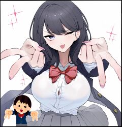 1girl black_hair black_jacket blue_eyes bow bowtie breasts double_gyaru_v double_v grey_skirt gyaru_v highres irasutoya irasutoya_challenge jacket large_breasts looking_at_viewer mole mole_under_eye one_eye_closed open_mouth pink_nails red_bow red_bowtie reference_inset shirt skirt sparkle v white_background white_shirt yu_(ba9ama)