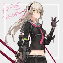 Rule 34 | 1girl, \||/, artist name, black serafuku, brown hair, character name, closed mouth, cowboy shot, green eyes, grey background, heavily armed high school girls, ichi (heavily armed high school girls), ichi (neco), katana, light smile, long hair, midriff, navel, necktie, neco, pink necktie, promotional art, scabbard, school uniform, serafuku, sheath, sheathed, signature, simple background, solo, standing, sword, waving, weapon