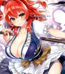 1girl artist_name blue_kimono blue_skirt blush breasts brown_sash chacham cleavage closed_mouth coin coin_on_string collarbone cowboy_shot frilled_sleeves frills hair_bobbles hair_ornament hashtag-only_commentary holding holding_scythe holding_weapon japanese_clothes kimono large_breasts looking_at_viewer medium_hair obi obidome onozuka_komachi puffy_sleeves red_eyes red_hair sash scythe skirt smile solo touhou twitter_username two_side_up weapon