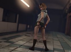 1girl 3d artist_request ass breasts clothes_lift heather_mason highres jacket lips looking_at_viewer looking_back medium_breasts panties short_hair silent_hill silent_hill_(series) silent_hill_3 skirt skirt_lift sleeveless sleeveless_turtleneck solo turtleneck underwear vest