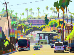angelasungart apartment blue_sky bus car commentary day english_commentary highres house motor_vehicle no_humans original palm_tree power_lines road scenery sky traffic_light tree utility_pole