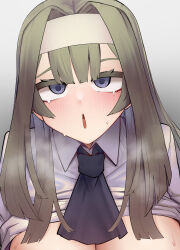 1girl absurdres blue_eyes blush breasts brown_hair cotan_(actancyaga) duel_monster exosister_irene gradient_background grey_background hairband highres large_breasts rolling_eyes solo upper_body white_hairband yu-gi-oh!