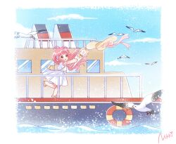 1girl ahoge animal animal_bag artist_request bag bare_arms bare_legs bird blue_sky blunt_bangs boat border bow bowtie brown_eyes capelet cat chibi chinese_commentary closed_eyes clothed_animal cloud commentary_request copyright_name day dress ear_covers floating_hair flying_sweatdrops hat hat_bow highres holding holding_animal holding_unworn_clothes holding_unworn_hat hood hood_up hooded_capelet innertube leg_up light_blush light_particles long_hair looking_at_animal momo_(nikki) nikki_(nikki) nikki_(series) ocean official_art open_mouth outdoors pink_bow pink_hair pleated_skirt rabbit_bag red_bow red_bowtie sandals seagull second-party_source shining_nikki short_dress short_sleeves shoulder_bag skirt sky standing sun_hat sweatdrop swim_ring teeth traditional_bowtie unworn_hat unworn_headwear upper_teeth_only water_drop watercraft waves wavy_hair whiskers white_border white_cat white_dress wind yellow_bag yellow_capelet yellow_hat yellow_sandals