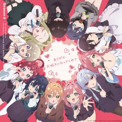 6+girls absurdres ahoge apron black_garter_straps black_hair black_jacket black_skirt blazer blonde_hair blue_eyes blush breasts brown_cardigan brown_hair cardigan circle_formation cleavage closed_eyes coat collared_shirt copyright_name copyright_notice covered_eyes dress eiai_nano flower garter_straps green_eyes green_sweater_vest grey_hair hair_flower hair_ornament hair_over_eyes hanazono_hahari hanazono_hakari hand_on_own_chest haraga_kurumi highres holding holding_microphone inda_karane jacket kakure_meme kimi_no_koto_ga_dai_dai_dai_dai_daisuki_na_100-nin_no_kanojo lab_coat large_breasts long_hair long_sleeves maid maid_apron medium_hair meido_mei microphone multiple_girls neck_ribbon official_art ohananomitsu_high_school_uniform ohananomitsu_middle_school_uniform open_clothes open_coat open_mouth orange_hair outstretched_hand parted_lips pink_background pink_hair pleated_skirt purple_eyes reaching reaching_towards_viewer red_eyes red_hair red_ribbon ribbon school_uniform shirt short_hair short_sleeves skirt smile sutou_iku sweater_vest teeth translation_request upper_teeth_only utsukushisugi_mimimi white_coat white_dress white_flower white_shirt yakuzen_kusuri yellow_eyes yoshimoto_shizuka