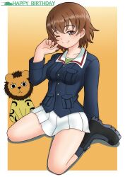 1girl absurdres amanone_yun birthday black_boots black_socks blue_jacket boots brown_eyes brown_hair commentary english_text freckles girls_und_panzer green_undershirt half-closed_eye hand_in_own_hair happy_birthday highres jacket kneehighs leopon_(animal) long_sleeves military_uniform miniskirt one_eye_closed ooarai_military_uniform orange_background pleated_skirt short_hair sitting skirt socks solo stuffed_animal stuffed_toy tsuchiya_(girls_und_panzer) undershirt wariza white_skirt