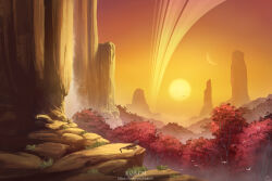 Rule 34 | artist logo, commentary, english commentary, forest, kvacm, landscape, lizard, logo, monolith (object), moon, nature, no humans, orange sky, original, outdoors, planetary ring, plant, red leaf, scenery, science fiction, simple bird, sky, sun, sunset, tree, watermark