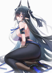 1girl absurdres arknights ass back bare_back bare_shoulders black_hair black_horns black_pantyhose black_shoes black_skirt blue_eyes blush breasts brown_pantyhose colored_shoe_soles demon_horns gradient_background grey_background hair_over_one_eye high_heels highres horn_ornament horn_ribbon horns large_breasts long_hair looking_at_viewer mole mole_under_mouth pantyhose pointy_ears qalaisa_(arknights) ribbon shirt shoes simple_background sitting skirt sleeveless sleeveless_shirt smile solo uof very_long_hair white_background white_shirt yokozuwari