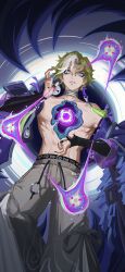 1boy abs artist_request chu_yao_(taiyi)_(dislyte) detached_sleeves dislyte earrings fingerless_gloves gloves highres jewelry looking_at_viewer male_focus multicolored_hair muscular muscular_male non-web_source official_art pectorals smile topless_male