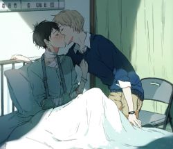 2boys bandages bandaid bed black_hair blanket blonde_hair blush cast chair collared_shirt hospital injury kiss male_focus multiple_boys original shirt sick tagme yaoi