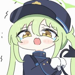 1girl animated animated_gif blue_archive blush_stickers chibi commentary demon_tail fangs furrowed_brow gloves green_hair green_halo hair_between_eyes halo hands_up hat high_collar holding_own_tail jacket long_hair long_sleeves looking_at_viewer motion_lines no_nose nozomi_(blue_archive) open_mouth raised_eyebrows sidelocks skin_fangs solo tail tearing_up trembling twintails umihio white_gloves