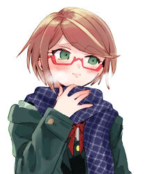1girl adjusting_scarf black_vest blonde_hair blue_scarf blush bow bowtie breath brown_hair buttons closed_mouth coat cold commentary_request danganronpa danganronpa_(series) danganronpa_kirigiri dot_nose eyelashes glasses green_coat green_eyes hood hood_down hooded_coat long_sleeves looking_ahead multicolored_hair no+bi= open_clothes open_coat pink_lips plaid_clothes plaid_scarf red-framed_eyewear red_bow red_bowtie samidare_yui scarf shirt short_hair simple_background solo streaked_hair upper_body v-neck vest white_background white_shirt
