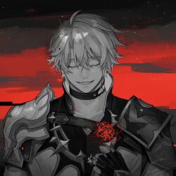 1boy absurdres antenna_hair armor black_choker black_gloves black_shirt choker closed_eyes coat fingerless_gloves flower gloves greyscale_with_colored_background highres holding holding_flower honkai:_star_rail honkai_(series) ieririr male_focus neck_tattoo pauldrons phainon_(honkai:_star_rail) red_sky shirt short_hair shoulder_armor single_pauldron sky solo spider_lily sun_symbol sun_tattoo tan tattoo upper_body white_coat white_hair