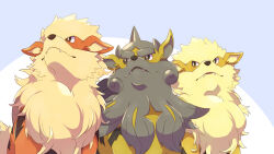 alternate_color animal_focus arcanine bright_pupils closed_mouth commentary_request fangs game_freak gen_1_pokemon highres hisuian_arcanine kechon-san looking_to_the_side looking_up nintendo no_humans open_mouth pokemon pokemon_(creature) shiny_and_normal shiny_pokemon sitting white_pupils