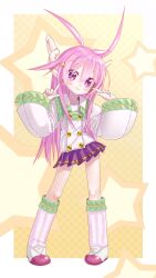 1girl axiacid boots closed_mouth collared_shirt commentary_request full_body hair_between_eyes hair_ears hair_flaps hair_ornament highres long_hair long_pointy_ears long_sidelocks long_sleeves looking_at_viewer loose_socks miniskirt multicolored_shoes original pink_eyes pink_hair pink_shoes pleated_skirt pointing pointing_at_self pointy_ears purple_skirt ribbon-trimmed_sleeves ribbon-trimmed_socks ribbon_trim shirt shoes sidelocks skirt sleeves_past_wrists smile socks solo standing star_(symbol) star_hair_ornament star_in_eye suzuka_sutera_(axiacid) symbol_in_eye two-tone_shoes white_shirt white_shoes white_socks wide_sleeves