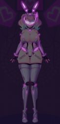 1girl animal_ears blue_hair boots breasts character_name cleavage fake_animal_ears glowing highres indie_virtual_youtuber large_breasts mind_control multicolored_hair pink_background pink_hair reiyu_guigui renderp revealing_clothes skindentation smile solo thick_thighs thigh_boots thighhighs thighs two-tone_hair virtual_youtuber visor