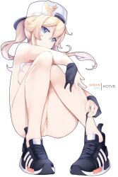 Rule 34 | 1girl, artist glove, baseball cap, blonde hair, blue eyes, cleft of venus, genshin impact, gloves, hat, highres, hot vr, jean (genshin impact), knees together feet apart, no anus, no socks, nude, ponytail, pussy, shoes, sitting, solo, uncensored