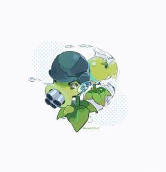 Rule 34 | artist name, back-to-back, black eyes, commentary, gatling pea (plants vs zombies), green hat, grey background, halftone, hat, helmet, highres, hightguy, no humans, plant, plant focus, plants vs. zombies, repeater (plants vs zombies), simple background, solid oval eyes, symbol-only commentary, v-shaped eyebrows, water