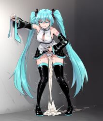 1girl absurdres aftersex aqua_eyes aqua_hair black_thighhighs blue_eyes blue_hair blush boots breasts cleavage clitoris clothes_lift clothing_aside collared_shirt cum cum_in_pussy cum_overflow cumdrip detached_sleeves excessive_cum female_focus full_body grin hair_between_eyes hand_on_own_stomach hatsune_miku high_heel_boots high_heels highres holding_necktie hopping_cop large_breasts long_hair looking_at_another medium_breasts necktie nose panties panties_aside partially_unbuttoned pleated_skirt pussy pussy_juice shadow shirt skindentation skirt skirt_lift sleeveless sleeveless_shirt smile solo striped_clothes striped_panties sweatdrop tattoo thigh_boots thighhighs trembling twintails twitching uncensored underwear unworn_necktie unworn_panties very_long_hair vocaloid wet