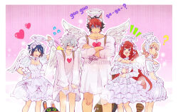 &gt;_&lt; 2boys 3girls :d ? alice_thymefield animal_ears bangboo_(zenless_zone_zero) belle_(zenless_zone_zero) black_hair blonde_hair blue_hair breasts brother_and_sister cat_boy cat_ears cleavage closed_eyes commentary cowboy_shot dress fake_halo flying_sweatdrops grey_hair hair_between_eyes hairband halo heart komano_manato laughing long_hair long_sleeves multicolored_hair multiple_boys multiple_girls official_alternate_costume open_mouth pectorals pink_background rabbit_ears rabbit_girl red_eyes red_hair roti_strawberi shirt siblings simple_background slapping smile standing two-tone_hair ukinami_yuzuha white_dress white_hairband white_shirt wise_(zenless_zone_zero) xd zenless_zone_zero