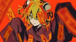 1girl blonde_hair bun_cover don_quixote_(project_moon) double_bun e.g.o_(project_moon) hair_between_eyes hair_bun highres limbus_company looking_at_viewer one_eye_covered project_moon red_background red_sheet_(e.g.o) short_hair simple_background sixgod sleeves_past_fingers sleeves_past_wrists smile solo talisman upper_body yellow_eyes