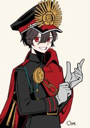 1girl alternate_hairstyle artist_name black_hair buttons cape chain crest family_crest glove_pull gloves goma1021 grin hair_between_eyes hat highres jacket long_sleeves looking_at_viewer oda_nobunaga_(fate) oda_uri peaked_cap red_cape red_eyes short_hair simple_background smile solo teeth white_background white_gloves