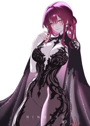 1girl alternate_costume artist_name black_cape black_dress blush breasts cape chronopattern_dress cleavage closed_mouth commentary cowboy_shot dress earrings english_commentary fingernails hand_up highres honkai:_star_rail honkai_(series) jewelry kafka_(honkai:_star_rail) large_breasts long_hair looking_down meme_attire no_pupils purple_eyes purple_hair ringeko-chan sidelocks simple_background smile solo unfinished white_background