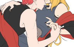 2boys akatsuki_uniform black_nails blonde_hair closed_mouth crop_top deidara_(naruto) extra_mouth fishnet_top fishnets hayamin35 holding_hands licking long_hair lying lying_on_person male_focus multiple_boys naruto_(series) naruto_shippuuden on_back open_clothes open_mouth open_robe red_hair robe sasori_(naruto) short_hair simple_background white_background yaoi
