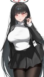 1girl absurdres black_hair black_pantyhose black_skirt blue_archive breasts bright_pupils hair_ornament hairclip highres large_breasts long_hair long_sleeves looking_at_viewer miniskirt pantyhose pleated_skirt red_eyes rio_(blue_archive) skirt solo sweater very_long_hair white_pupils white_sweater zet_(twt_zet)