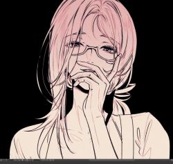 1girl angon623 art_program_in_frame art_program_request black_background collarbone forehead glasses gloves hand_on_own_face long_hair low_ponytail monochrome moore_(path_to_nowhere) open_mouth parted_bangs path_to_nowhere ponytail portrait semi-rimless_eyewear simple_background single_sidelock smile solo straight-on