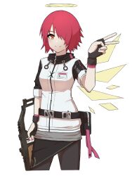 1girl arknights black_gloves black_pantyhose black_sleeves closed_mouth commentary_request cropped_legs exusiai_(arknights) fingerless_gloves gloves hair_over_one_eye halo highres jacket looking_at_viewer pantyhose pink_hair short_hair short_sleeves smile solo split_mouth standing tabletennis229 traditional_halo v white_jacket yellow_eyes yellow_halo