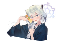 Rule 34 | 1girl, animal ear fluff, animal ears, aqua hair, bath yukata, blue archive, blue haori, blush, bottle, bottle to cheek, collarbone, commentary, cropped torso, double-parted bangs, grey kimono, halo, hand on own chest, haori, highres, holding, holding bottle, japanese clothes, kimono, looking at viewer, low twintails, making-of available, medium hair, milk bottle, nail polish, official alternate costume, purple eyes, purple halo, sanpo (sanpo 1027), shigure (blue archive), shigure (hot spring) (blue archive), short twintails, signature, simple background, smile, solo, steaming body, twintails, weasel ears, weasel girl, white background, yagasuri, yukata