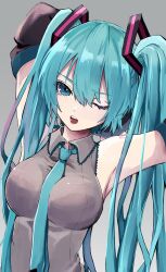 Rule 34 | 1girl, ;o, aqua eyes, aqua hair, aqua trim, breasts, collared shirt, commentary request, detached sleeves, grey background, grey shirt, hair between eyes, hatsune miku, highres, long eyelashes, looking at viewer, naguno-0713, one eye closed, open mouth, shirt, solo, teeth, twintails, upper teeth only, vocaloid